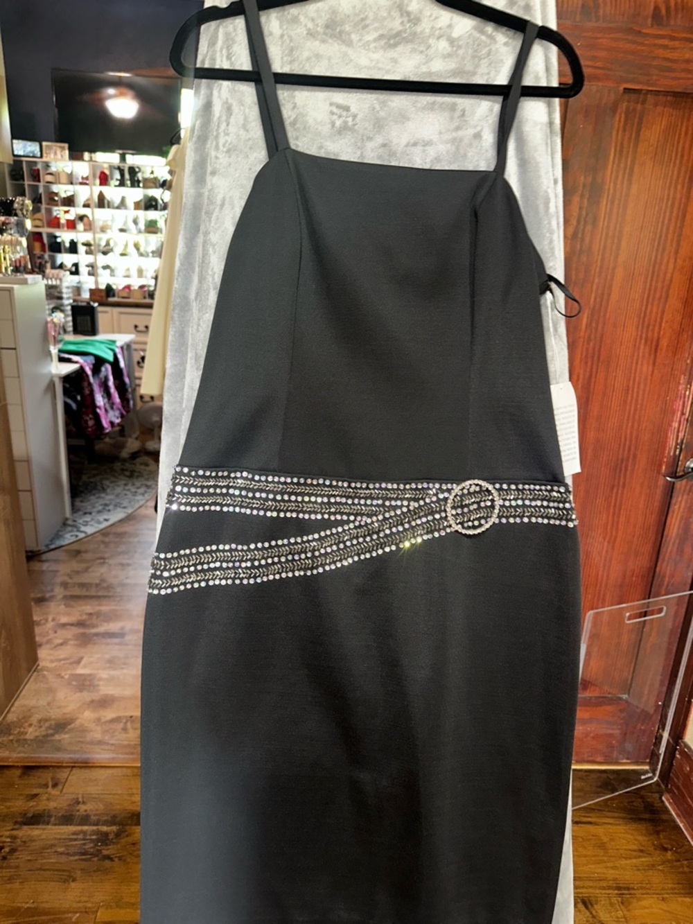 Strappy Black Midi Dress with Rhinestone Belt Detail